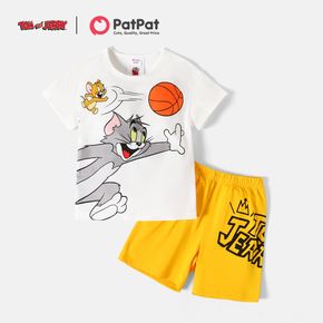 Tom and Jerry 2pcs Toddler Boy Balls Print Short-sleeve White Tee and Letter Print Shorts Set