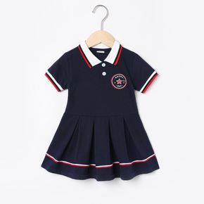 Toddler Girl Preppy style Letter Print Striped Lapel Collar Button Design Short-sleeve Dress