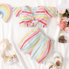 2pcs Baby Girl Colorful Striped V Neck Ruffle Sleeve Twist Knot Crop Top and Shorts Set