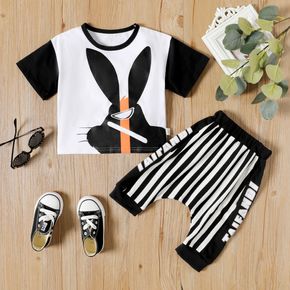 2pcs Bunny Print Splice Short-sleeve T-shirt Top and Striped Letter Print Pants Black and White Toddler Set