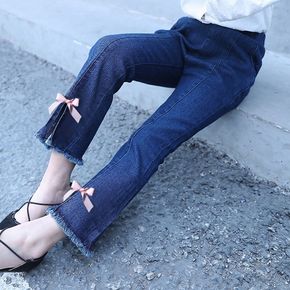 Kid Girl Bowknot Design Elasticized Slit Front Flared Denim Jeans