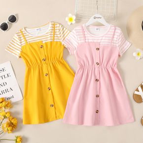 Kid Girl Faux-two Striped Button Design Short-sleeve Dress