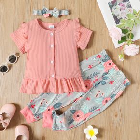 2-piece Toddler Girl Ruffle Hem Button Design Pink Tee and Floral Print Pants Set