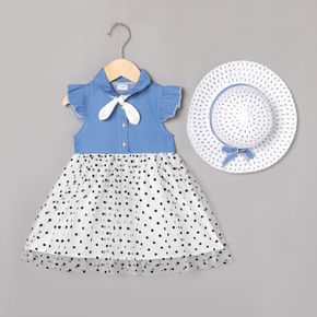 3-piece Toddler Girl Button Design Denim Polka dots Mesh Splice Flutter-sleeve Dress, White Bowknot Tie and Hat Set