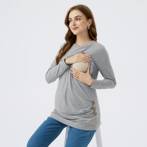 Nursing Pure Color Ruched Side Button Decor Long-sleeve Tee