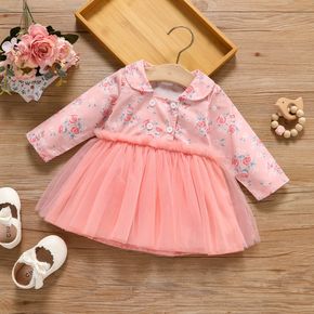 Baby Girl Double Breasted Pink Floral Print Long-sleeve Splicing Mesh Dress