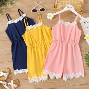 Kid Girl Floral Lace Design Solid Color Cami Rompers Jumpsuits Shorts