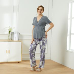 Maternity Solid Short-sleeve Tee and Floral Print Pants Pajamas Lounge Set