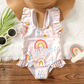 Baby Girl All Over Rainbow Print Sleeveless Ruffle One-Piece Swimsuit