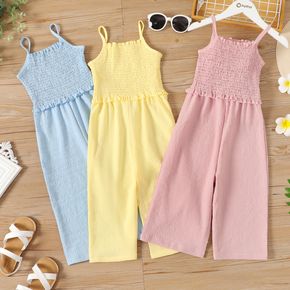 Kid Girl Sweet Solid Color Smocked Cami Jumpsuits
