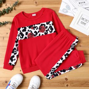 2-piece Kid Girl Leopard Print Colorblock Pullover Sweatshirt and Pants Set