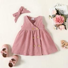 2pcs Baby Girl 95% Cotton Sleeveless Double Breasted Pink Corduroy Dress with Headband Set