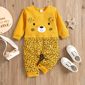 Baby Boy/Girl Cartoon Animal Embroidered Yellow Ribbed Long-sleeve Splicing Leopard Jumpsuit