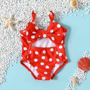 Baby Girl Polka Dots Red Sleeveless Spaghetti Strap Bowknot Hollow Out One-Piece Swimsuit