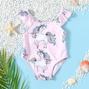 Baby Girl All Over Cartoon Unicorn Print Ruffle One-Piece Swimsuit