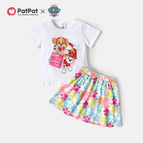 PAW Patrol 2pcs Toddler Girl Letter Print Short-sleeve White Cotton Tee and Dog Paw Print Skirt Set
