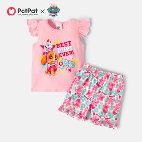 PAW Patrol 2pcs Toddler Girl Letter Print Flutter-sleeve Pink Cotton Tee and Floral Print Ruffled Shorts Set