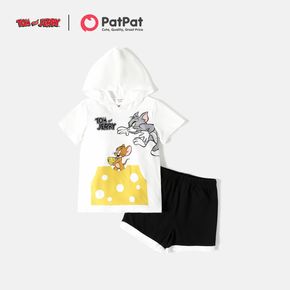 Tom und Jerry 2-teiliges Kurzarm-T-Shirt mit Farbblock-Kapuze für Jungen/Mädchen und Shorts aus elastischer Baumwolle