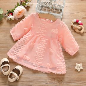 Baby Girl Pink Long-sleeve Textured Mesh Dress
