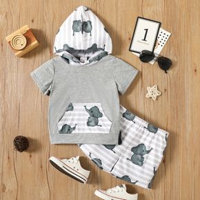 2-piece Toddler Boy Elephant Print Striped Hooded Short-sleeve Tee and Elasticized Shorts Set