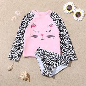 2pcs Toddler Girl Cat Leopard Print Short-sleeve Top and Briefs Swimsuit Set