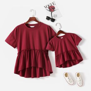 Solid Drop Shoulder Short-sleeve Layered Ruffle Tops for Mom and Me
