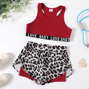 2-piece Kid Girl Letter Print Tank Top and Leopard Print Shorts with Safety Shorts Sporty Set