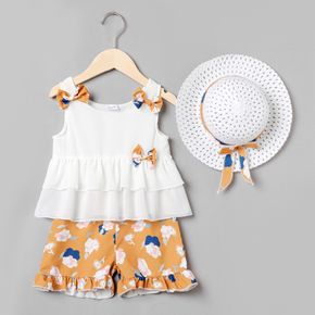 3-piece Toddler Girl Bowknot Design Layered White Sleeveless Blouse and Floral Print Ruffled Shorts and Straw Hat Set