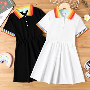 Kid Girl Rainbow Striped Short-sleeve Polo Dress