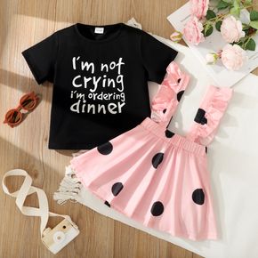 2-piece Toddler Girl Letter Print Black Tee and Ruffled Polka dots Suspender Pink Skirt Set