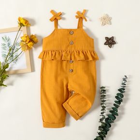 100% Cotton Baby Girl Button Design Ginger Sleeveless Spaghetti Strap Ruffle Jumpsuit
