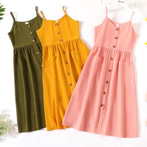 Kid Girl Solid Color Button Design Pocket Design Cami Maxi Dress