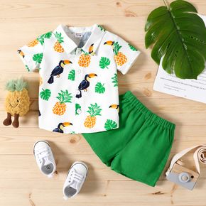 2pcs Baby Boy 100% Cotton Shorts with All Over Parrot and Pineapple Print Short-sleeve Shirt Set