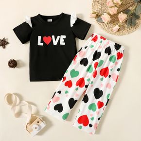 2-piece Toddler Girl Letter Heart Print Ruffled Short-sleeve Black Tee and Elasticized Pants Set