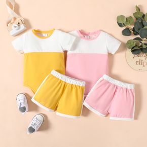 2pcs Baby Boy/Girl Colorblock Short-sleeve Romper and Shorts Set