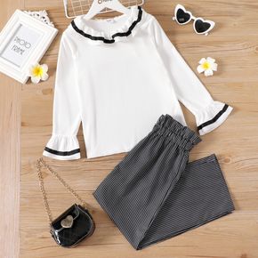 2-piece Kid Girl Ruffled Long-sleeve Bell sleeves White Tee and Stripe Papetbag Pants Set