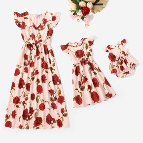 Valentine's Day All Over Red Rose Floral Print V Neck Flutter-sleeve Belted Dress for Mom and Me