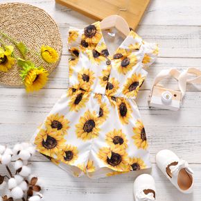 Toddler Girl Floral Print Lapel Collar Button Design Flutter-sleeve Romper