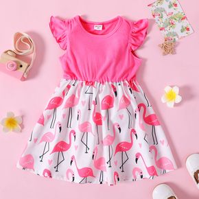 Toddler Girl Ribbed Flamingo Allover Ruffle Decor Flutter-sleeve Dress