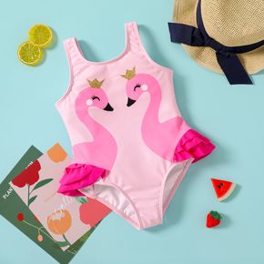 Toddler Girl Flamingo Print Glitter Crowm Design Ruffled One Shoulder Strap Swimsuit