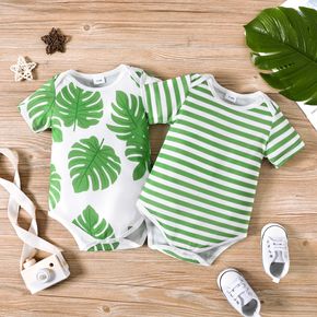Baby Boy Girl Green Stripe/Leaf Print Short-sleeve Romper