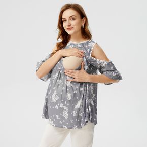 Nursing Hollow Out Lace Trim Floral Print Grey Maternity Top