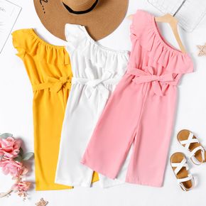 Kid Girl Flounce One Shoulder Belted Solid Color Jumpsuits