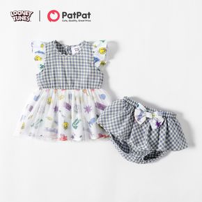 Looney Tunes 2pcs Baby Girl Plaid Splicing Print Flutter-sleeve Mesh Dress with Bowknot Shorts Set