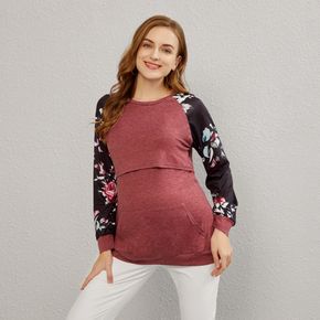 Maternity Contrast Floral Long-sleeve Kangaroo Pocket T-shirt