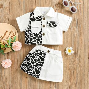 2pcs Baby Girl Cow Print Splicing White Denim Button Up Short-sleeve Crop Top and Skirt Set