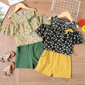 2-piece Kid Girl Floral Print Cold Shoulder Bowknot Design Chiffon Tee and Elasticized Shorts Set