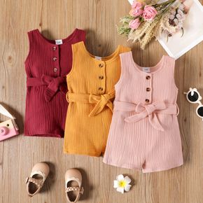 100% Cotton Crepe Baby Girl Button Design Sleeveless Belted Romper
