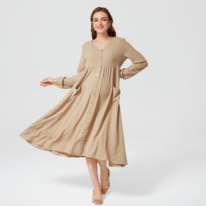 Maternity Pocket Patched Long-sleeve Button Up Dress
