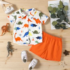 2pcs Baby Boy 100% Cotton Shorts and All Over Dinosaur Print Button Up Short-sleeve Shirt Set